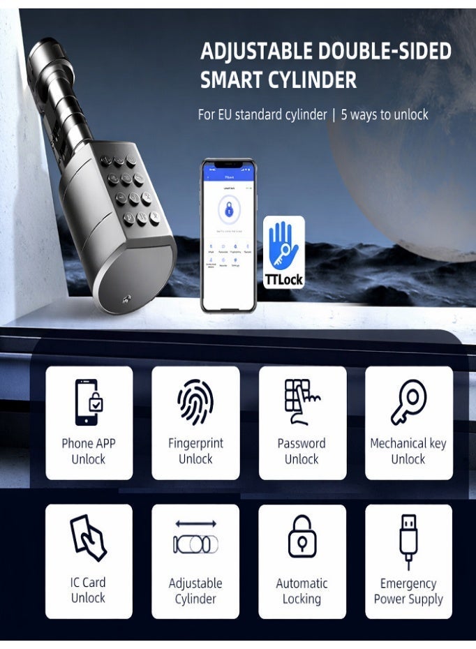 Smart Biometric Door Lock (5 in 1), Fingerprint, Palm Print, Passcode, IC/RFID Card & Key Backup | TTLock App Control, Bluetooth & Remote Access via Gateway | Auto-Lock, 360° Fast Recognition, Adjustable Euro Cylinder | Ideal for Home, Office, Airbnb & Hotels - Image 4